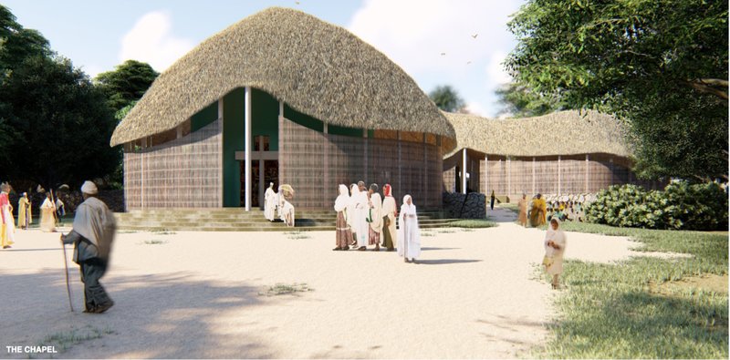 The chapel emerges from the forest through flowing thatched roofs inspired by Ethiopian vernacular architecture and sacred gathering spaces.