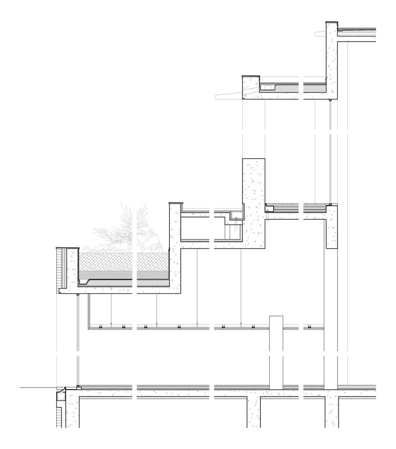 Detail section drawing showing wall assembly with courtyard planting and layered construction