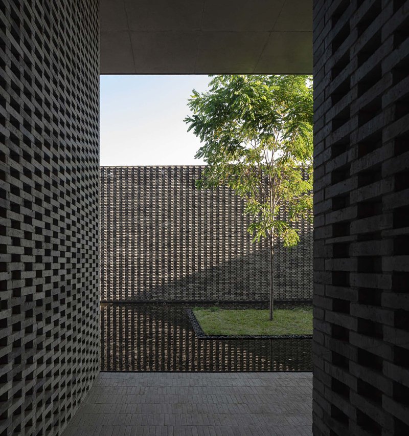Framed courtyard view through textured masonry walls with a young tree in sunlight