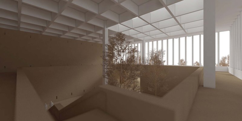 Interior view of the coffered ceiling above a curving ramp with vertical louvers framing planted courtyard