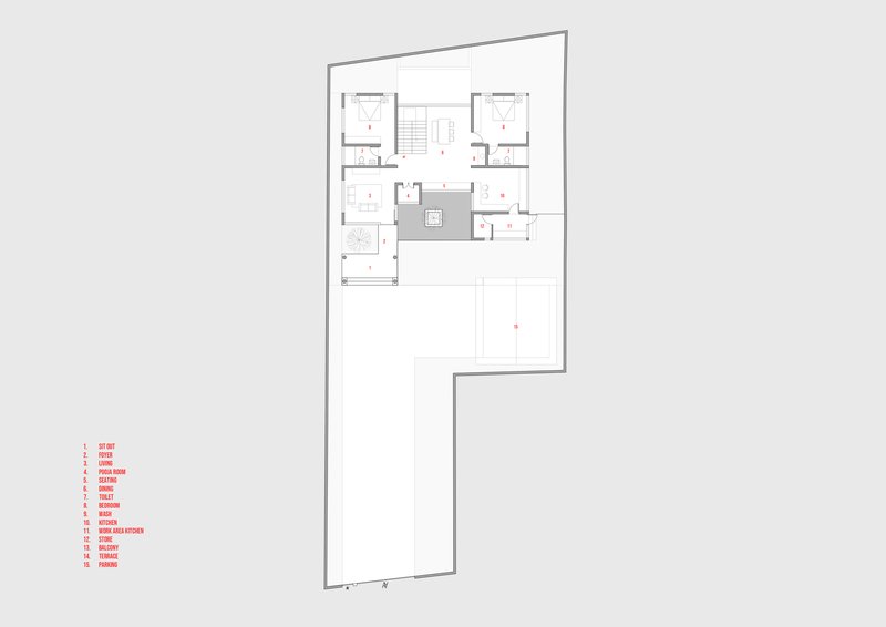 Floor plan drawing showing upper level with bedrooms, bathrooms, staircase, and extended outdoor terrace