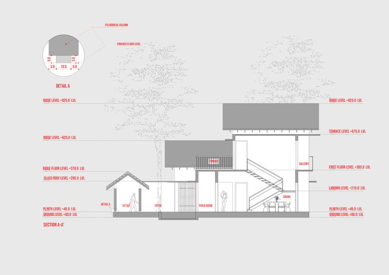 Section drawing revealing multilevel volumes with exterior staircase and surrounding trees