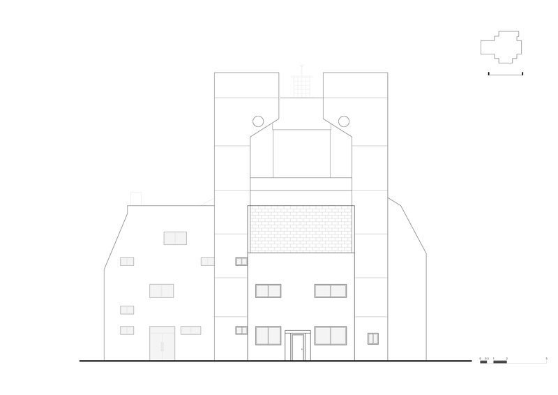 Elevation drawing depicting the tower and adjacent lower volumes with window openings