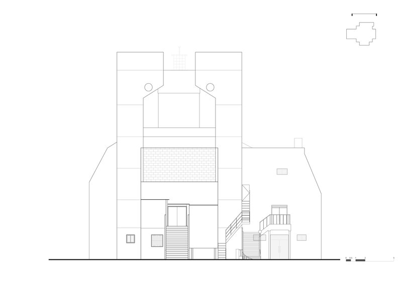 Elevation drawing showing a multi-story facade with central tower, brick band, and external stairs connecting volumes