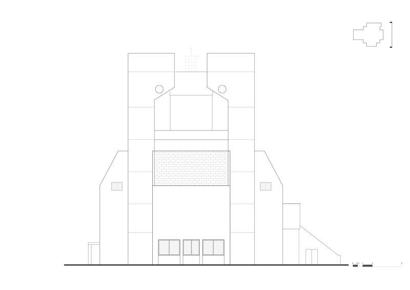 Elevation drawing depicting a symmetrical facade with central tower, brick band, and flanking lower wings