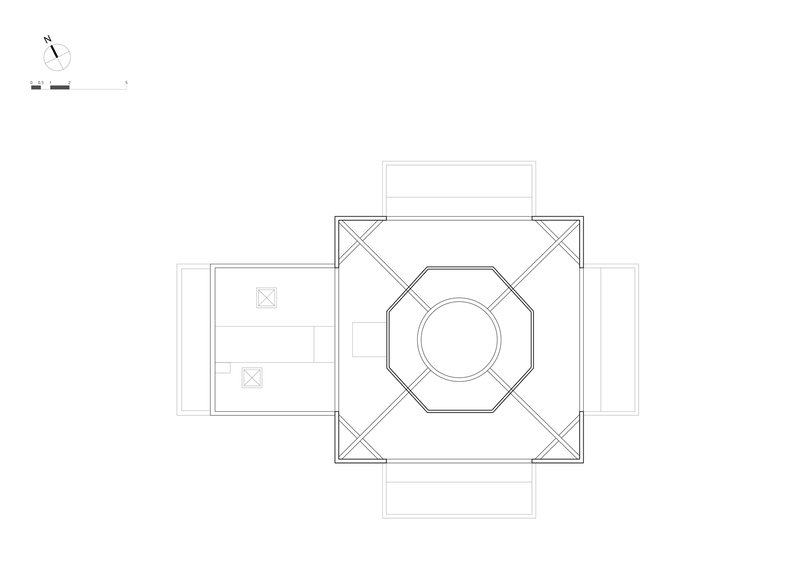 Floor plan drawing showing a square volume with an octagonal central space and diagonal bracing at corners