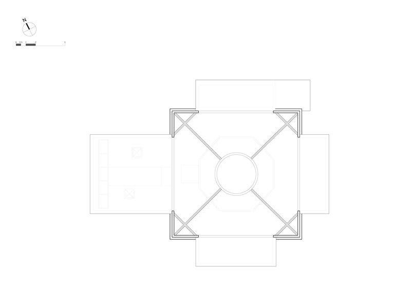 Floor plan drawing displaying a central circular core within a square structure with symmetrical projecting wings