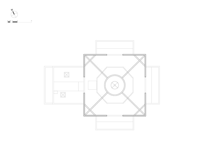 Floor plan drawing revealing a nested octagonal rotunda surrounded by a square perimeter with corner braces