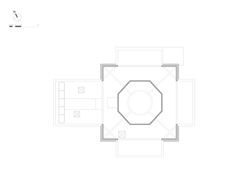 Floor plan drawing depicting an octagonal central hall with dotted structural lines and adjacent service spaces