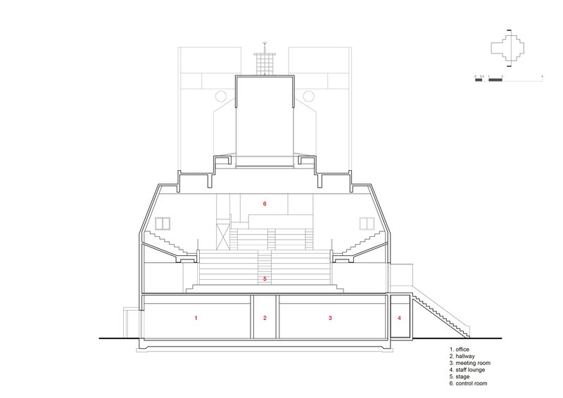 Section drawing showing a multi-level theatre space with tiered seating, stage, and control room