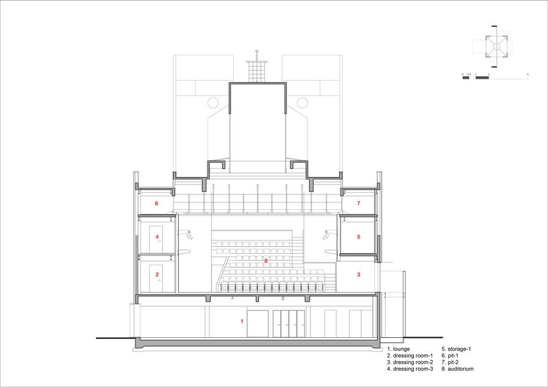 Section drawing revealing a central auditorium with flanking dressing rooms and storage areas