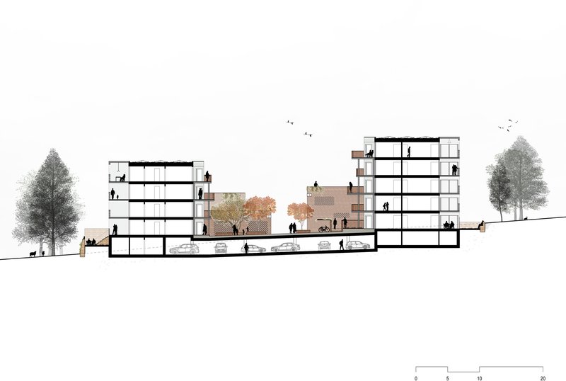 Section drawing showing two multistory residential blocks with figures, trees, and underground parking
