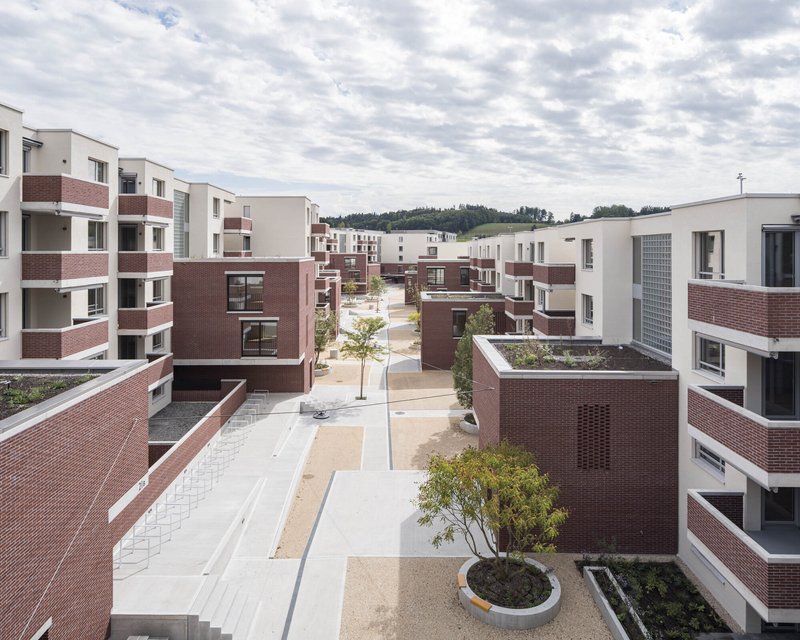 Elevated view across residential courtyard showing brick volumes, planted beds, and pathways between housing blocks
