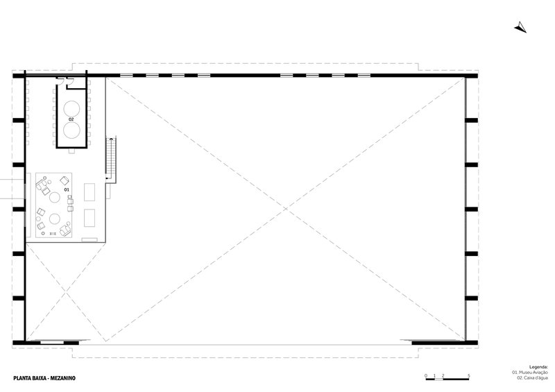 Mezzanine level floor plan showing lounge area and open hangar space below indicated by dashed lines
