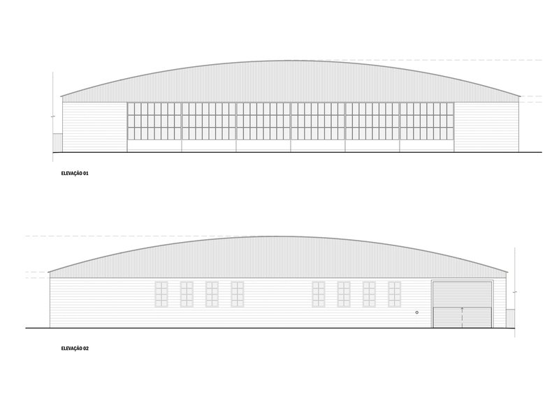Elevation drawings showing the barrel-vaulted roof and gridded window facade with horizontal cladding panels