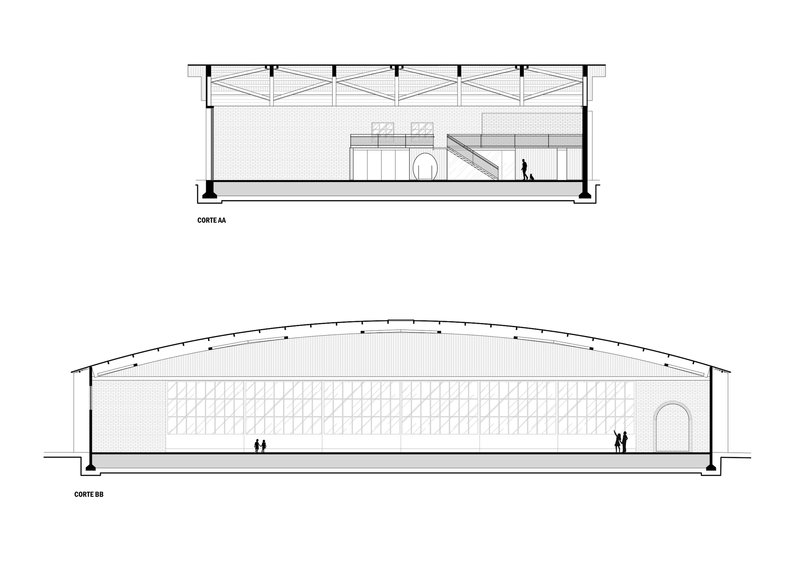 Section drawings depicting the arched roof structure with truss framing and interior spaces with figures