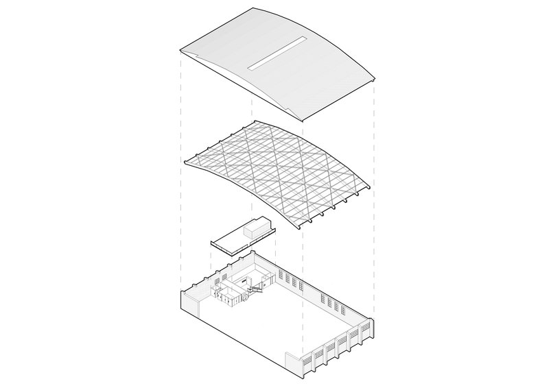 Exploded axonometric drawing showing the layered assembly of roof, truss structure, skylight, and interior floor plan