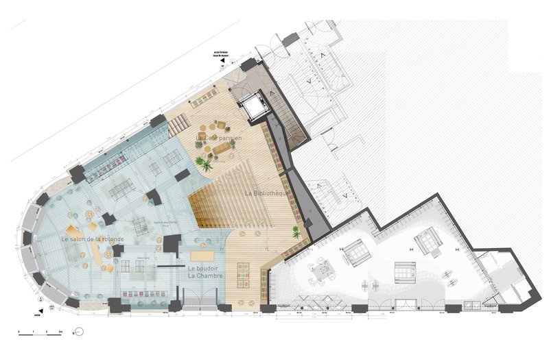 Floor plan drawing showing an irregular retail space with curved perimeter walls and central circulation zones
