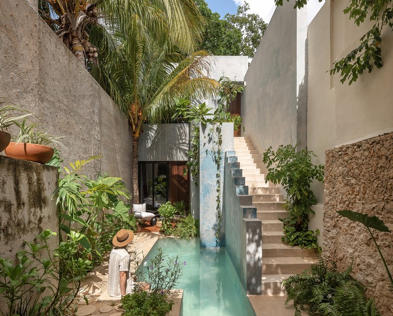 Courtyard with stucco walls, concrete staircase, turquoise plunge pool and palm trees in dappled sunlight