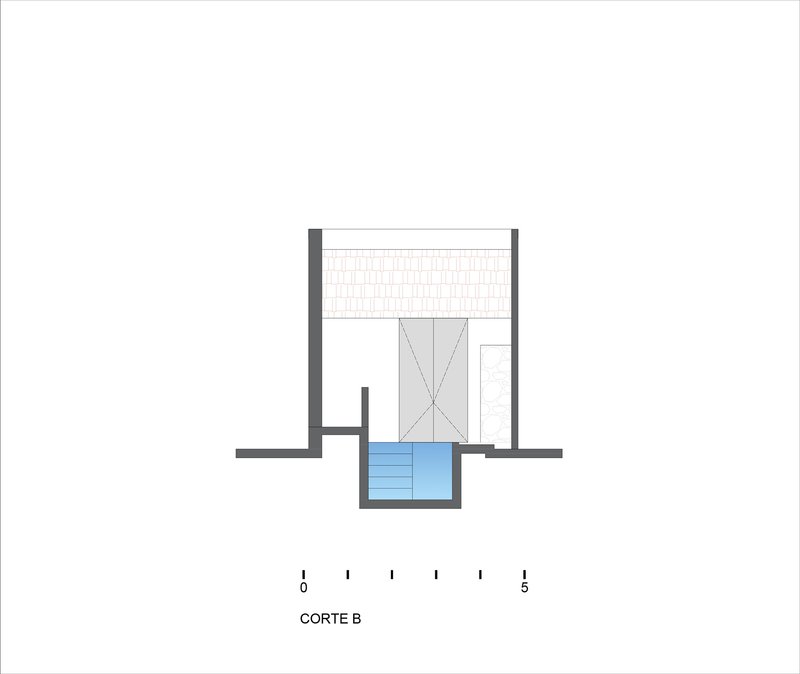 Section drawing showing a double-height space with pivot door and sunken pool below ground level
