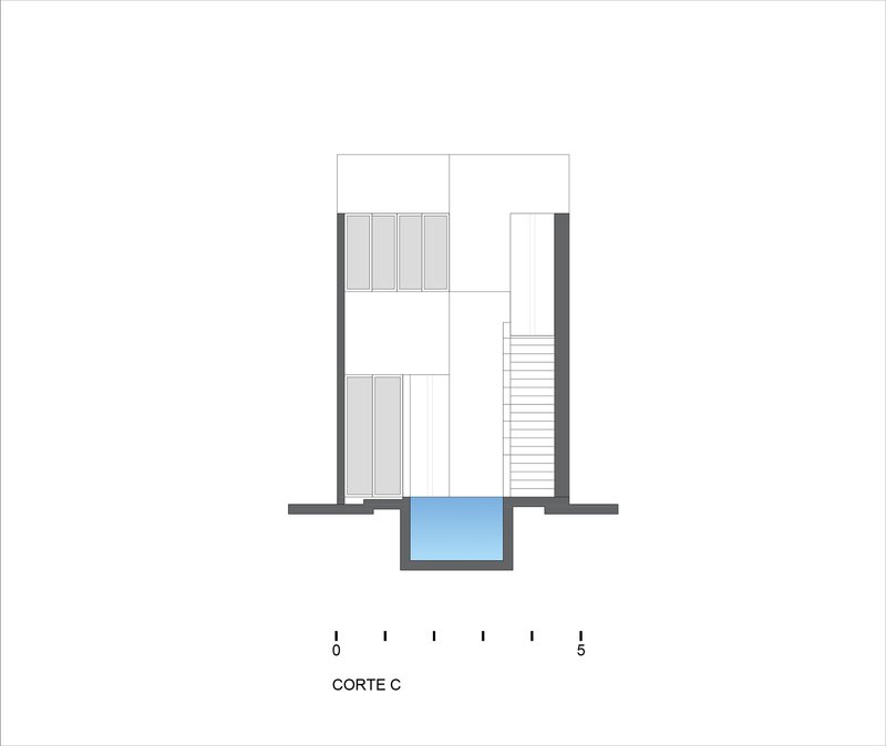 Section drawing revealing staircase alongside storage volumes and a recessed water feature