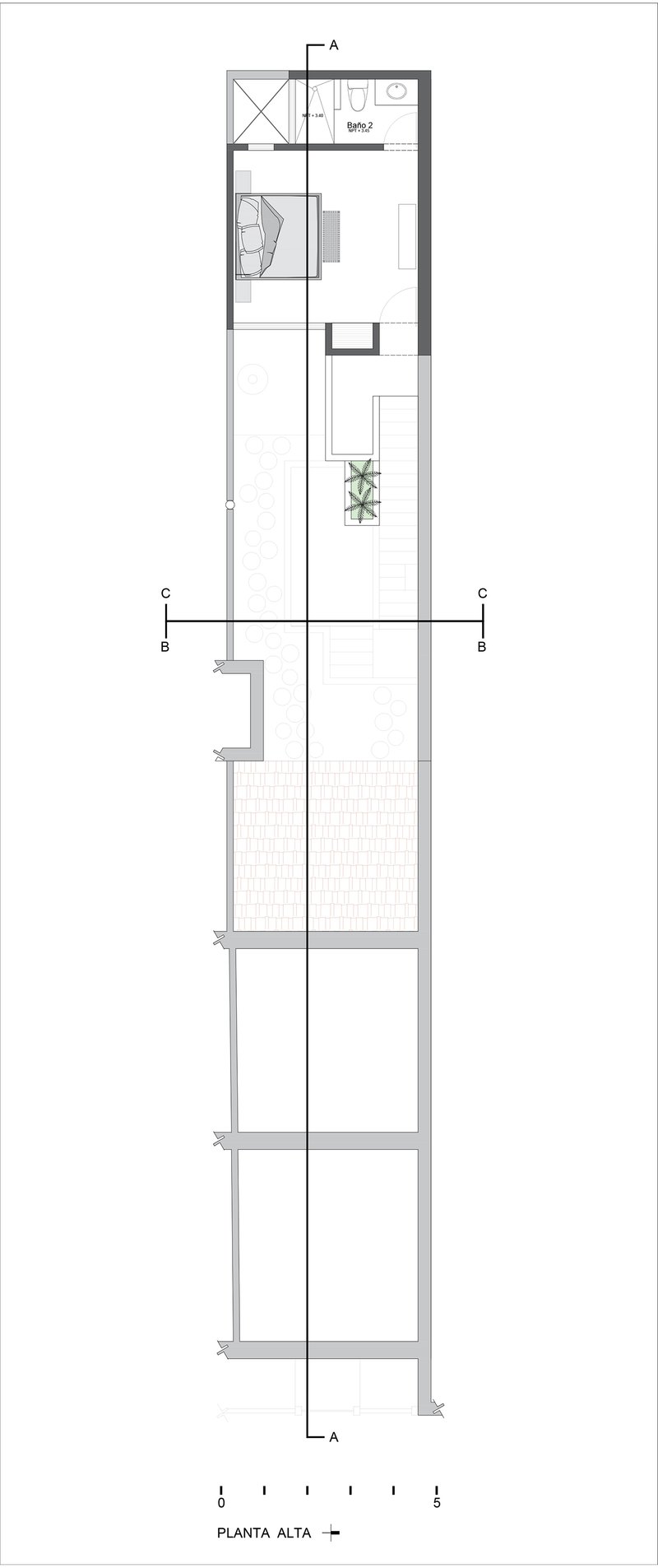 Upper floor plan drawing depicting narrow layout with staircase and multi-level interior spaces