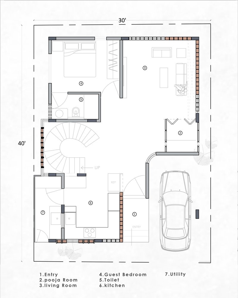Ground floor plan drawing showing central spiral stair, living spaces, guest bedroom, kitchen, and single-car garage