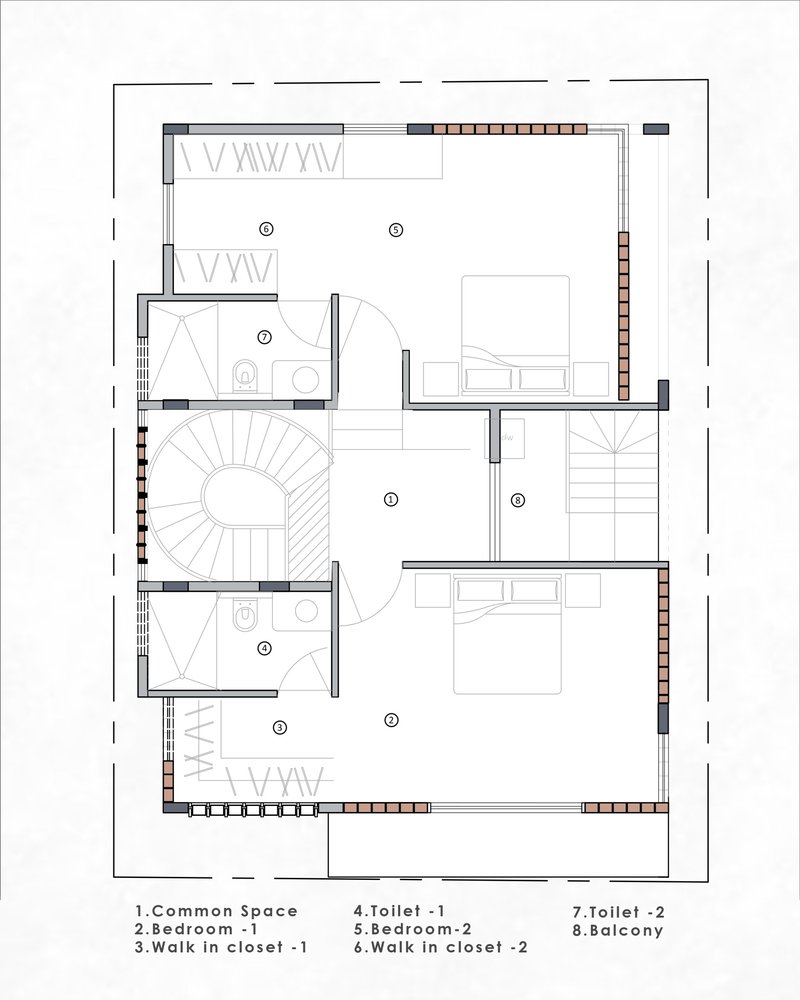 Floor plan drawing showing bedrooms, walk-in closets, bathrooms and a central curved staircase