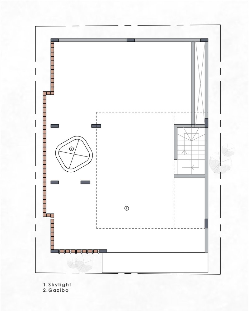 Floor plan drawing showing a rooftop gazebo, skylight and open terrace with staircase access