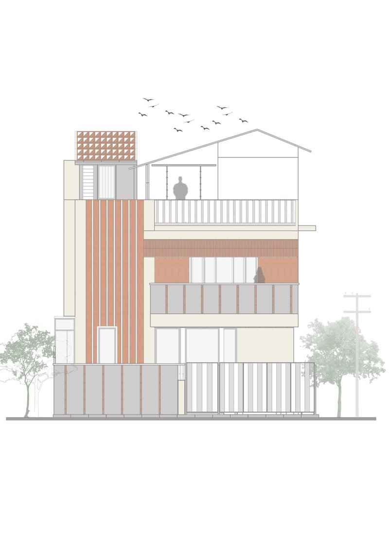 Elevation drawing showing the facade with vertical timber slats, balconies and a pyramidal screen element