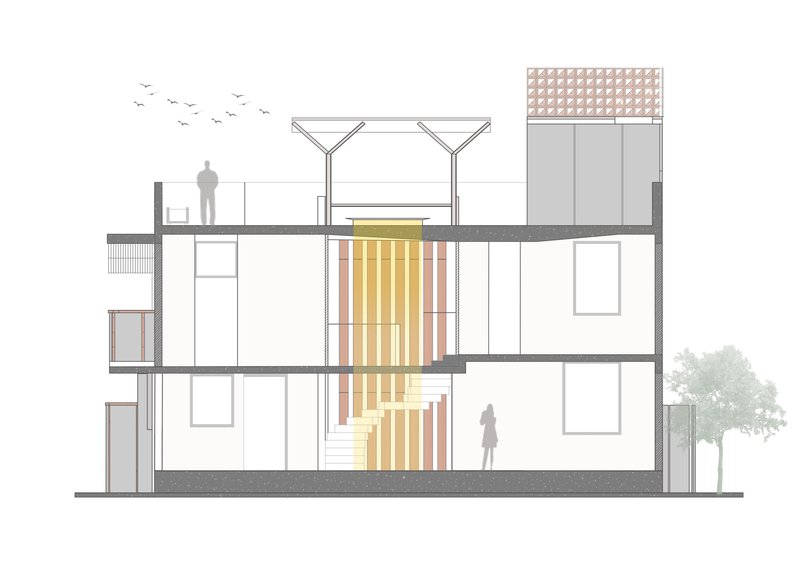 Section drawing showing three floors connected by a central staircase with vertical timber slats
