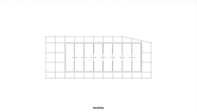 Section drawing showing a structural frame with vertical columns and angled roof line