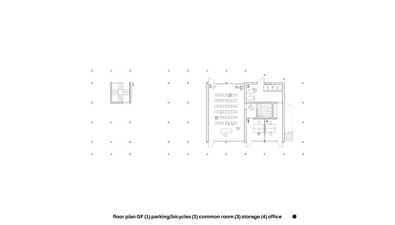 Ground floor plan drawing showing parking area and common spaces with structural grid