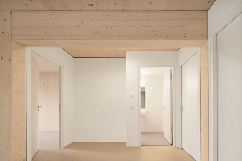 Central hallway with exposed timber ceiling structure, white walls and multiple doorways aligned in sequence
