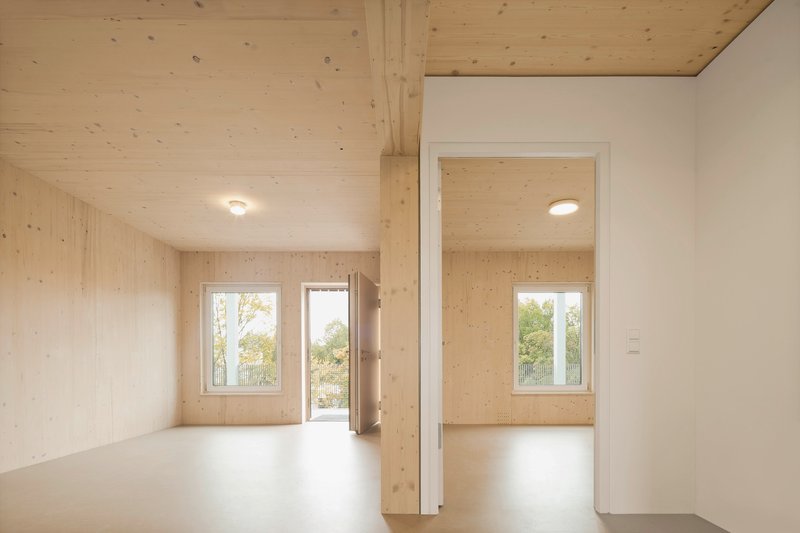 Connected plywood-lined rooms with white walls, large windows and a glass door to treed landscape