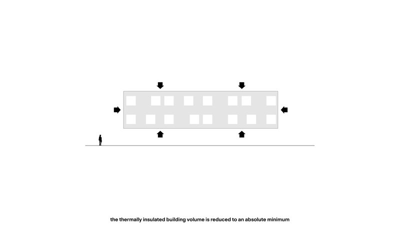 Elevation diagram showing a rectangular two-story volume with a human figure for scale