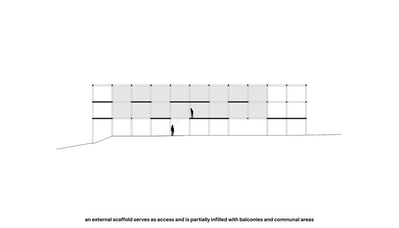 Elevation drawing showing the gridded facade with balconies and two human figures at ground level