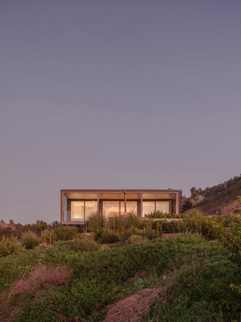 Glass facade with interior lighting nestled into hillside vegetation at dusk