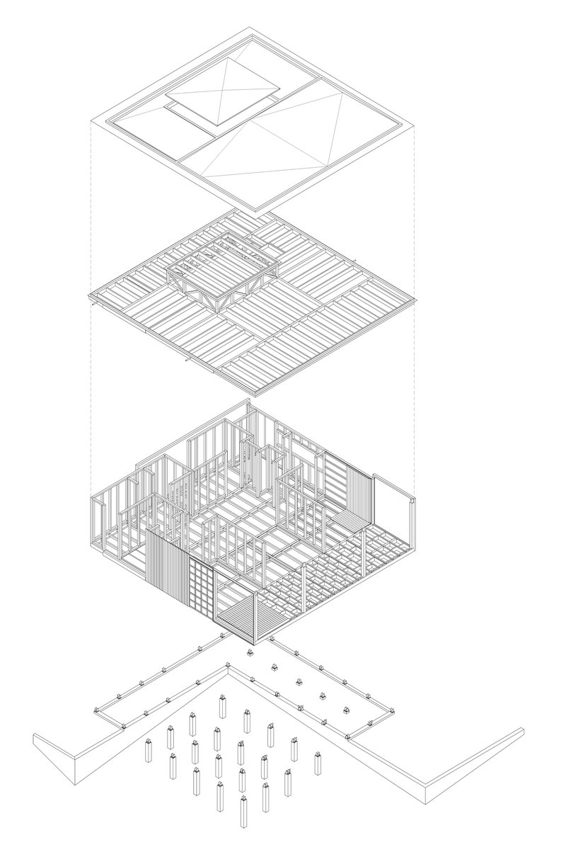 Exploded axonometric drawing showing roof structure, floor decking, timber framing, and concrete foundation with pier anchors