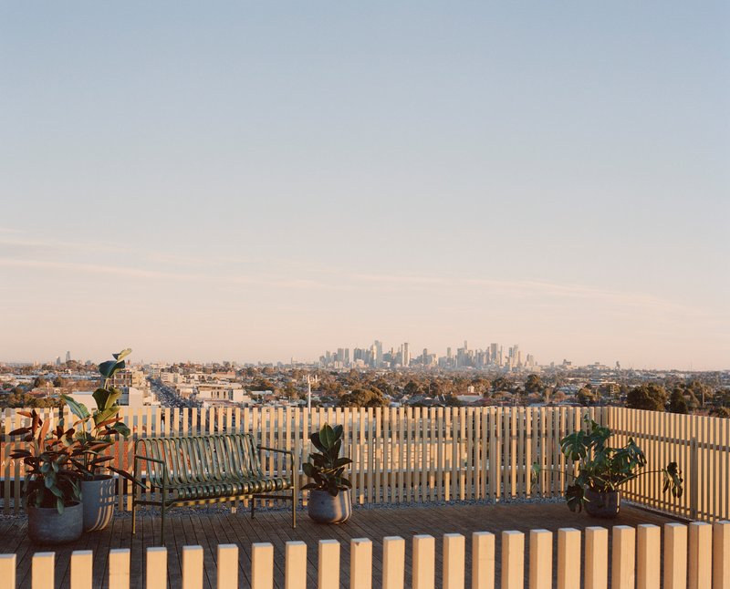 Rooftop terrace with vertical timber slat screen and potted plants overlooking the suburban horizon