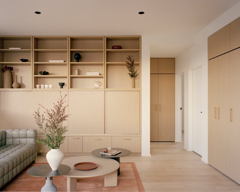 Living room with built-in pale timber shelving and storage wall framing a hallway to adjoining rooms