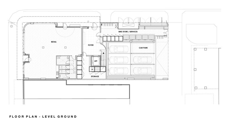 Ground level floor plan drawing showing retail space, car park, bike storage and central lift core