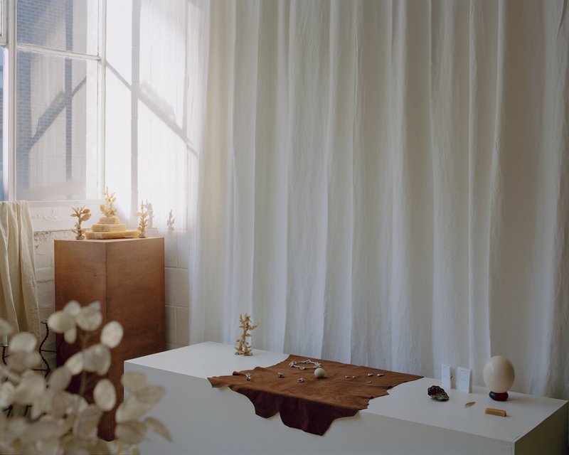 Display pedestal with organic wood form beneath flowing white curtains and painted brick wall