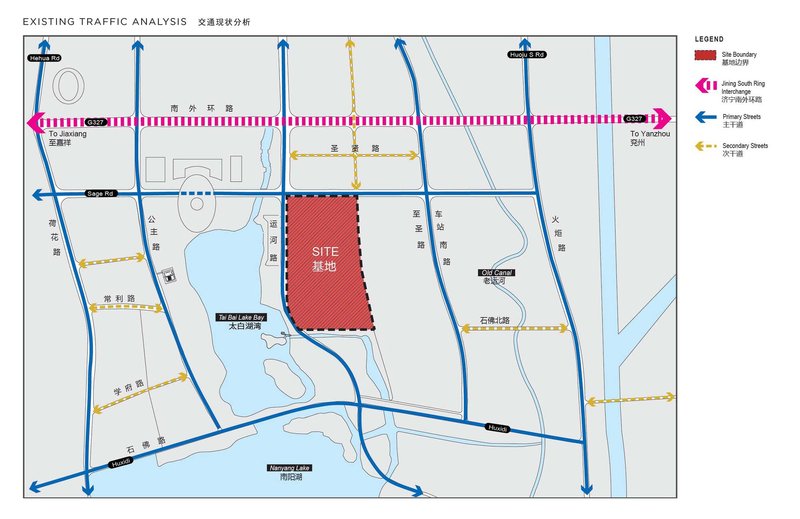 Traffic analysis diagram showing directional flows and site boundary in red with surrounding streets and waterways