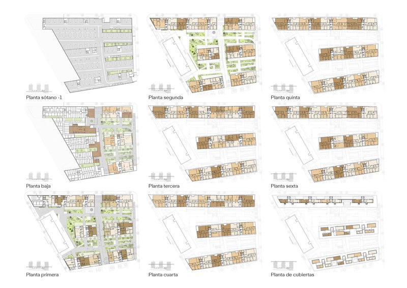 Floor plan drawings showing the layouts of multiple levels from basement to rooftop