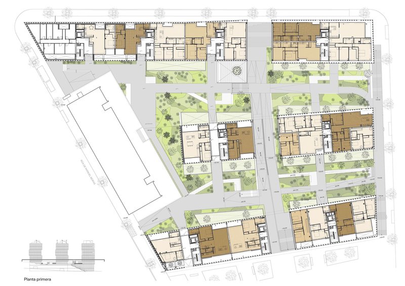First floor plan drawing showing residential units arranged around landscaped courtyards and pedestrian streets