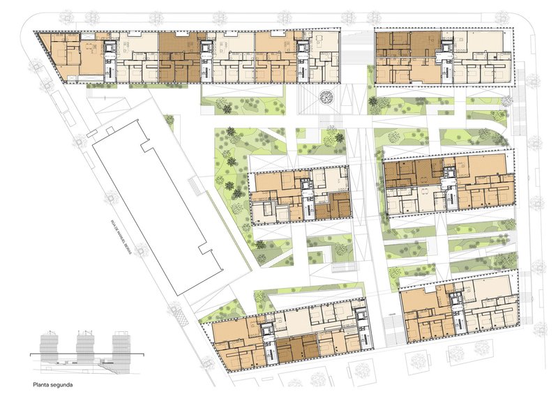 Second floor plan drawing showing residential units with planted courtyards between building volumes