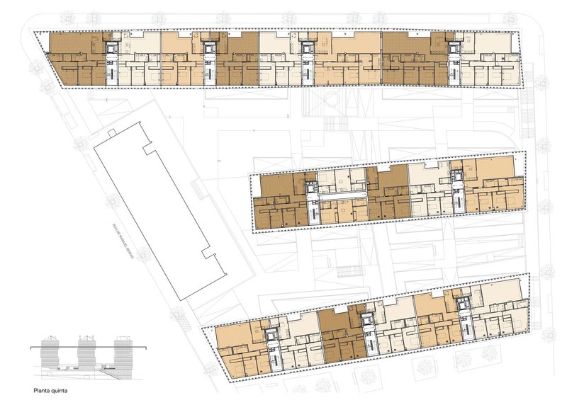 Fifth floor plan drawing showing residential units in three linear blocks with vertical circulation cores