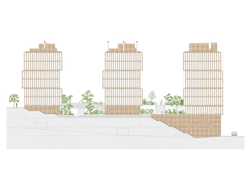 Elevation drawing showing three tower blocks with gridded facades and rooftop terraces surrounded by trees