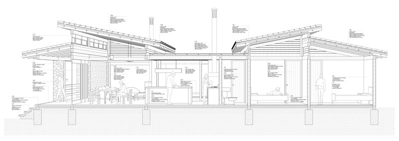 Longitudinal section drawing showing the interior spaces with exposed rafters and central chimney
